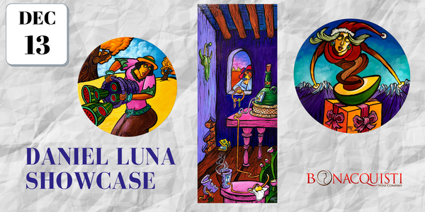 Promotional graphic for Daniel Luna Showcase featuring colorful illustrations and text on a textured white background.