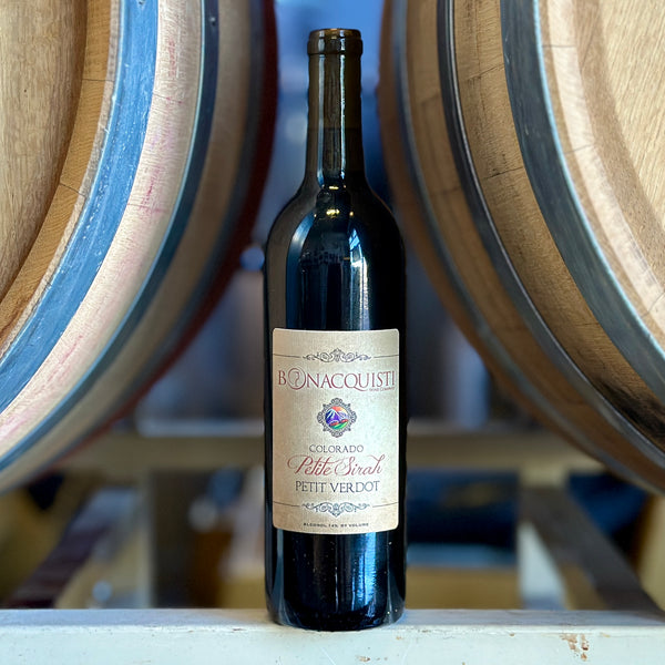 A bottle of Petite Sirah - Petit Verdot from Bonacquisti Wine Company
