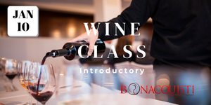 Person pouring red wine into glasses with text overlay for a wine class event.