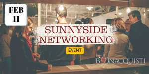 SunnySide Networking event with people networking in a modern office setting, featuring Bonacquisti logo.