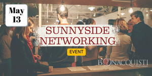 SunnySide Networking event with people networking at a table, featuring Bonacquisti logo.