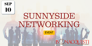 Promotional banner for Sunnyside Networking Event with silhouettes of people and Bonacquisti logo.
