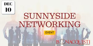 Promotional banner for a networking event at Sunnyside with silhouettes of people and the Bonacquisti logo.