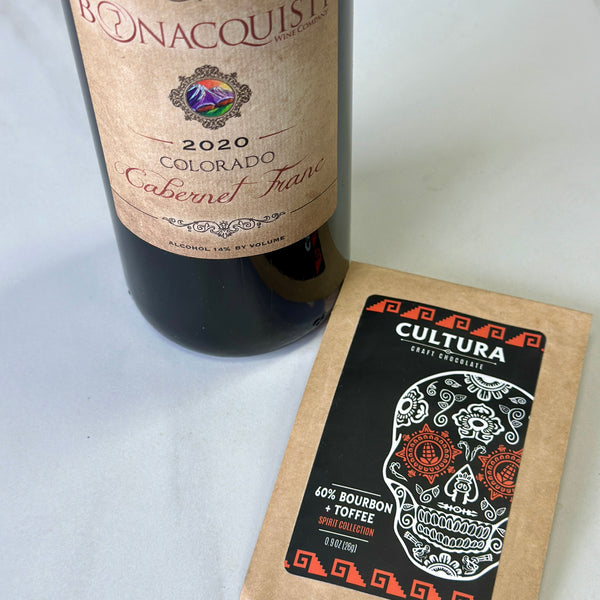 a bottle of Bonacquisti Cabernet Franc and Cultura 60% Bourbon Chocolate