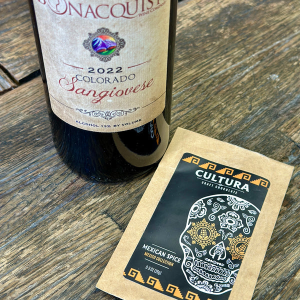 a Bottle of Bonacquisti Colorado Sangiovese paired with Cultura Mexican Spice Chocolate