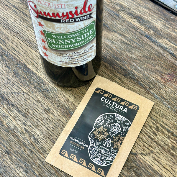 a bottle of Bonacquisti Sunnyside Red paired with Cultura Champurrado chocolate