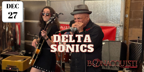 Two musicians performing with text 'Delta Sonics' and 'Bonacquisti' in a music studio setting.