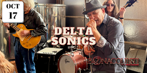 Music band performing with text 'Delta Sonics' and 'Oct 17' on a poster.