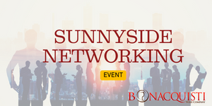 Promotional graphic for Sunnyside Networking Event with silhouettes of people and Bonacquisti logo.