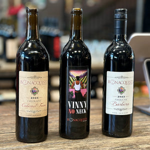 A bottle of 2023 Colorado Cabernet Franc, Vinny No Neck and 2023 Barbera from Bonacquisti Wine Company.