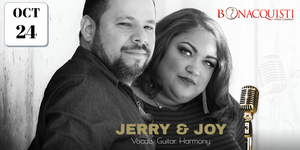 Promotional image of Jerry and Joy with a microphone, featuring 'Bonacquisti' and 'Jerry & Joy'.