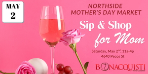 Promotional poster for Northside Mother's Day Market with a glass of pink wine and roses on a pink background.