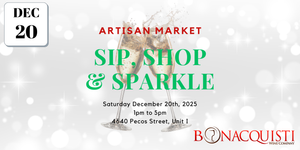 Promotional flyer for an Artisan Market event featuring a glass of champagne with text about date, time, location, and brand.