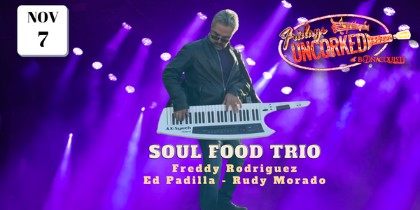 Promotional image for a concert featuring the Soul Food Trio with a purple stage and lights.