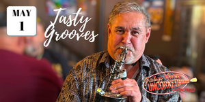 Man playing a saxophone with 'Tasty Grooves' and 'Uncorked!' branding in a bar setting.