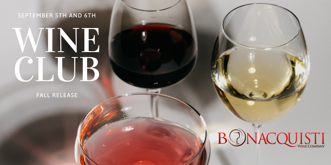 Three wine glasses with red, white, and rose wine, promoting Bonacquisti Wine Club on a blurred background.