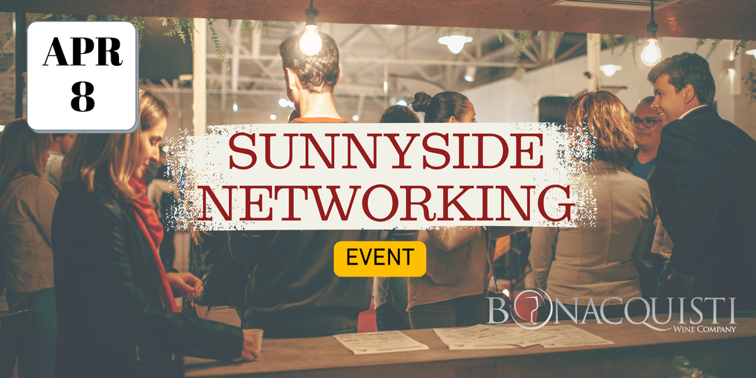 SunnySide Networking event with people networking at a table, featuring Bonacquisti logo.