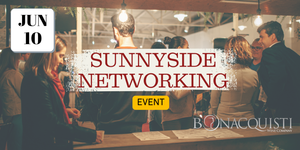 SunnySide Networking event with people at a table, Bonacquisti logo visible